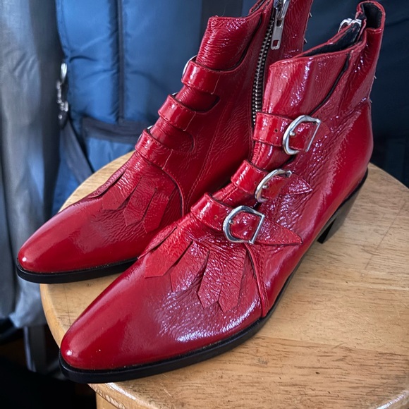 Modern Vice Red Ankle Boots with Triple Buckle and Studs - Picture 4 of 5